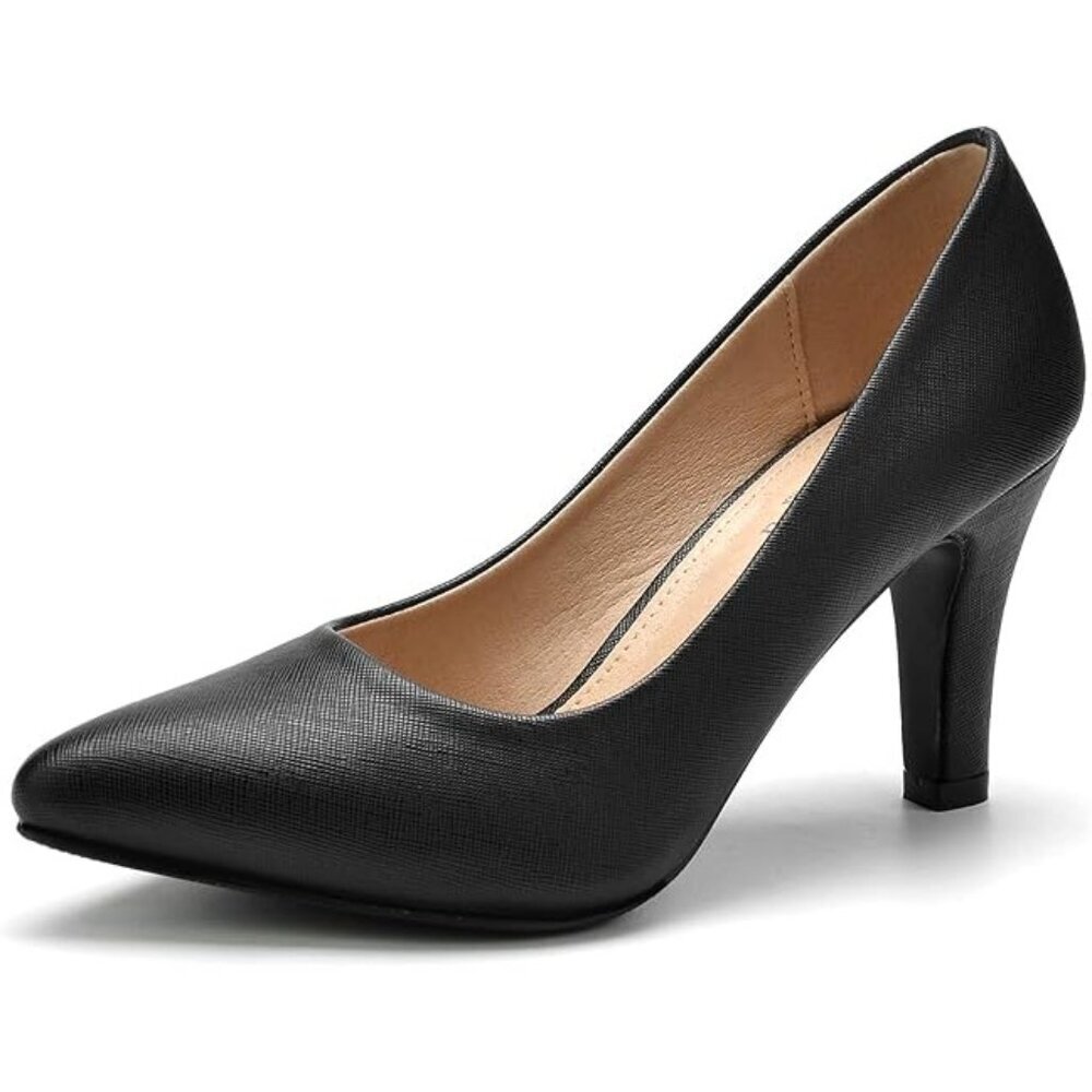 Women Black Pointed Toe Heels Pumps For Classic Faux Leather Comfortable Shoes - Picture 9 of 9